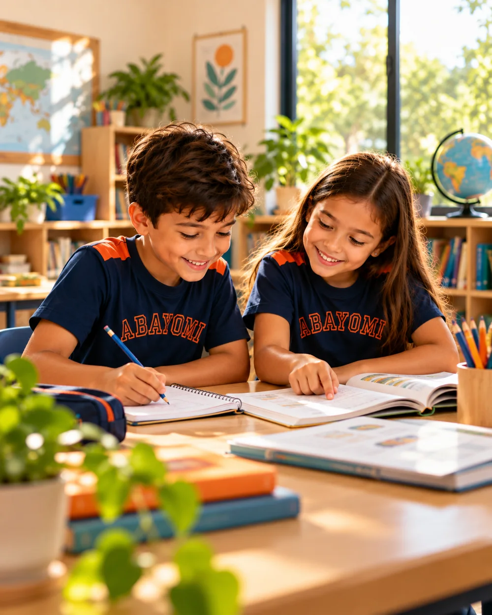 Alunos uniformizados trabalhando juntos em sala