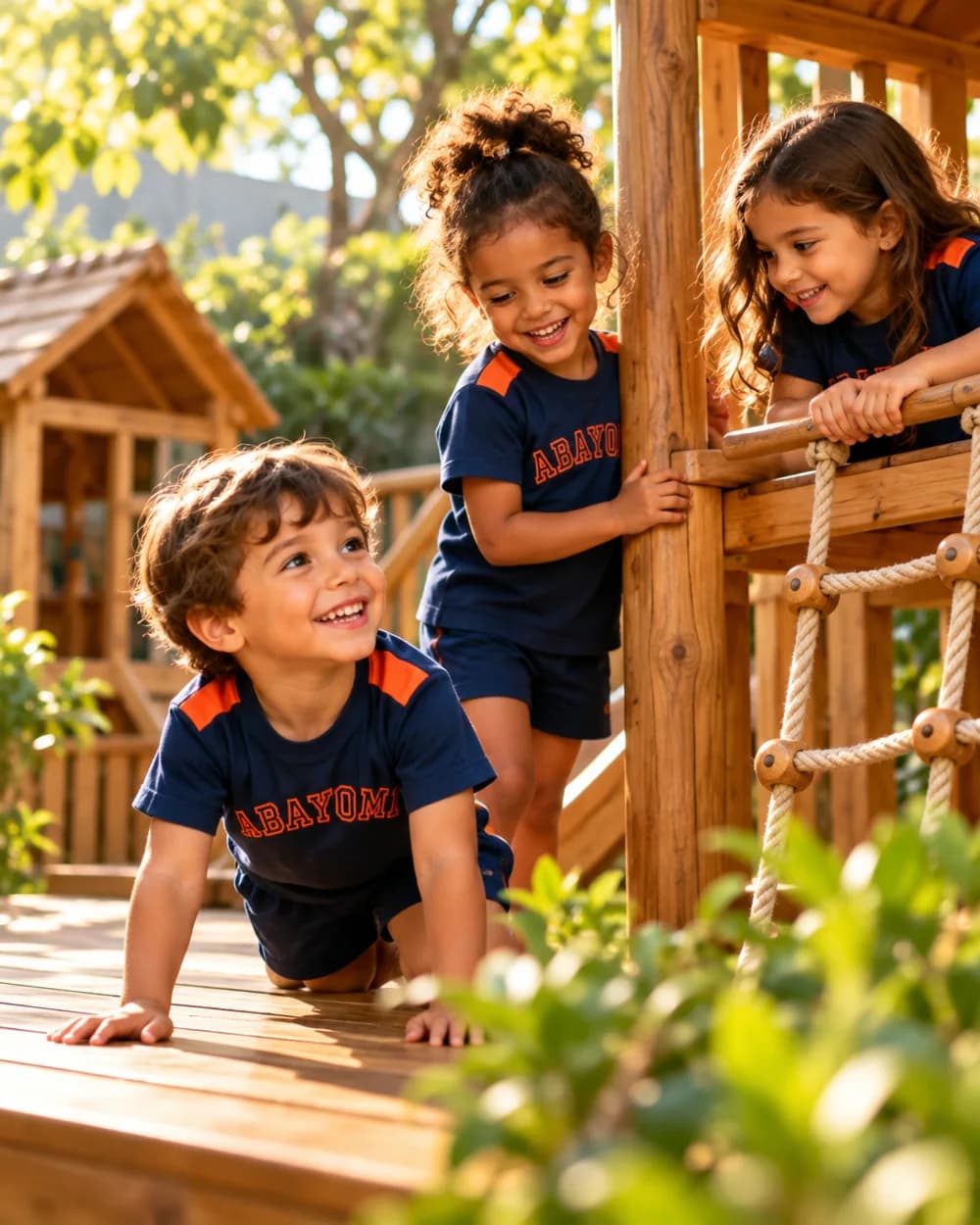 Crianças uniformizadas brincando no parque de madeira
